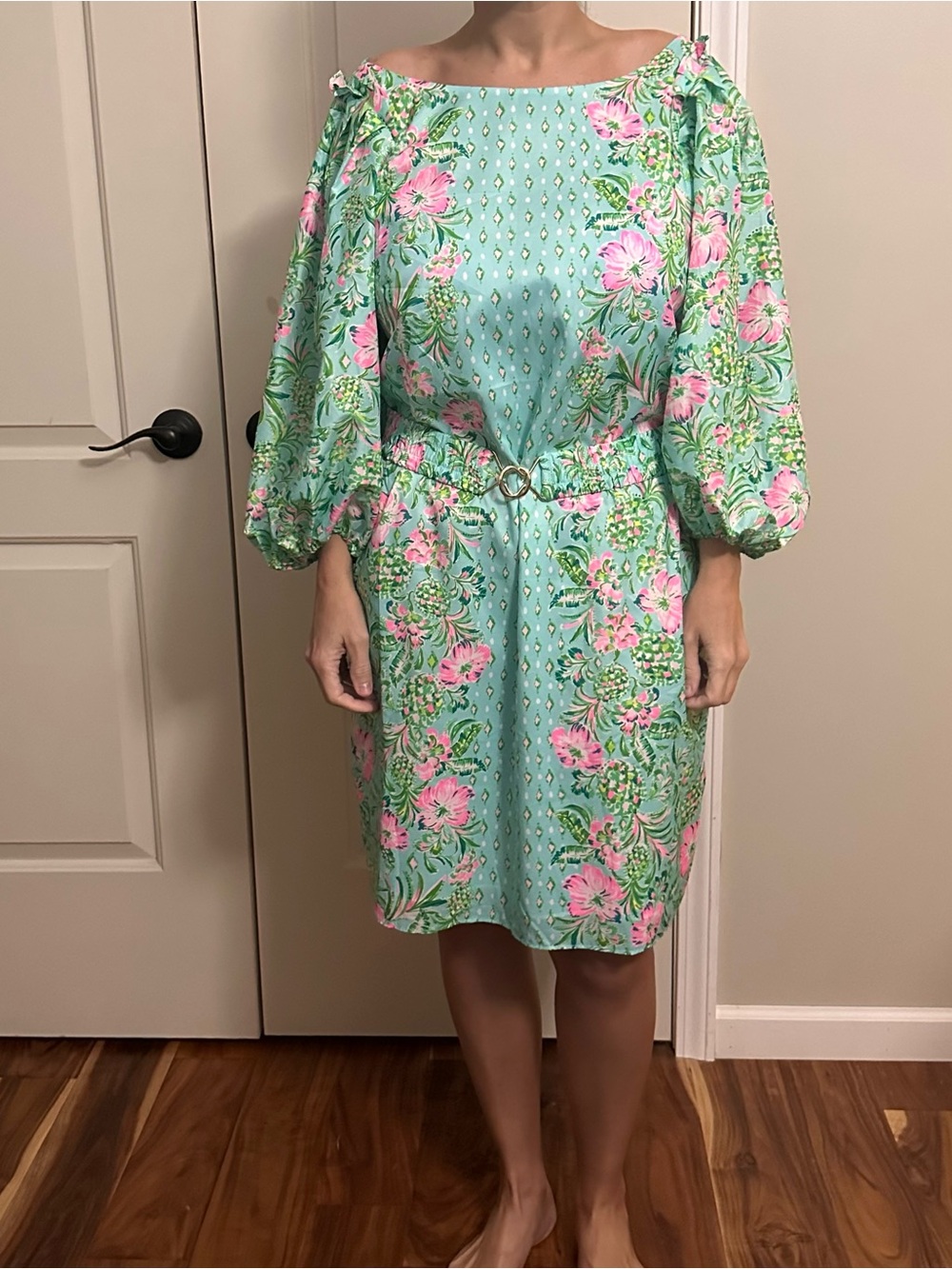 Lilly Pulitzer Mint Green Floral Off-Shoulder Midi Dress with Puff Sleeves